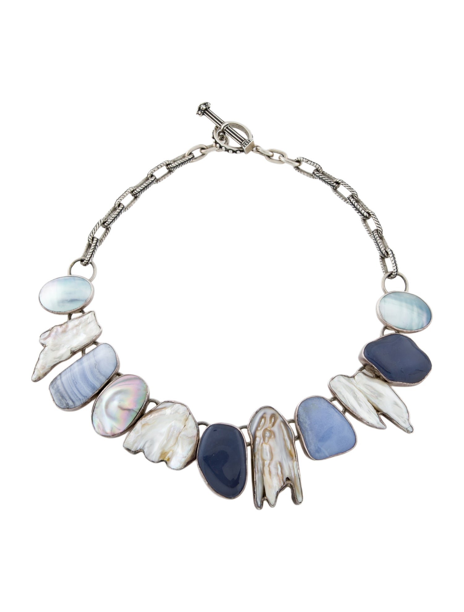 Rebecca Collins Chalcedony, Blue Lace Agate, Dyed Mother of Pearl & Pearl Necklace