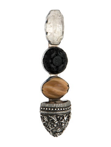 Pre-owned Rebecca Collins Quartz, Wood & Nut Mushroom Pin Brooch In Multi