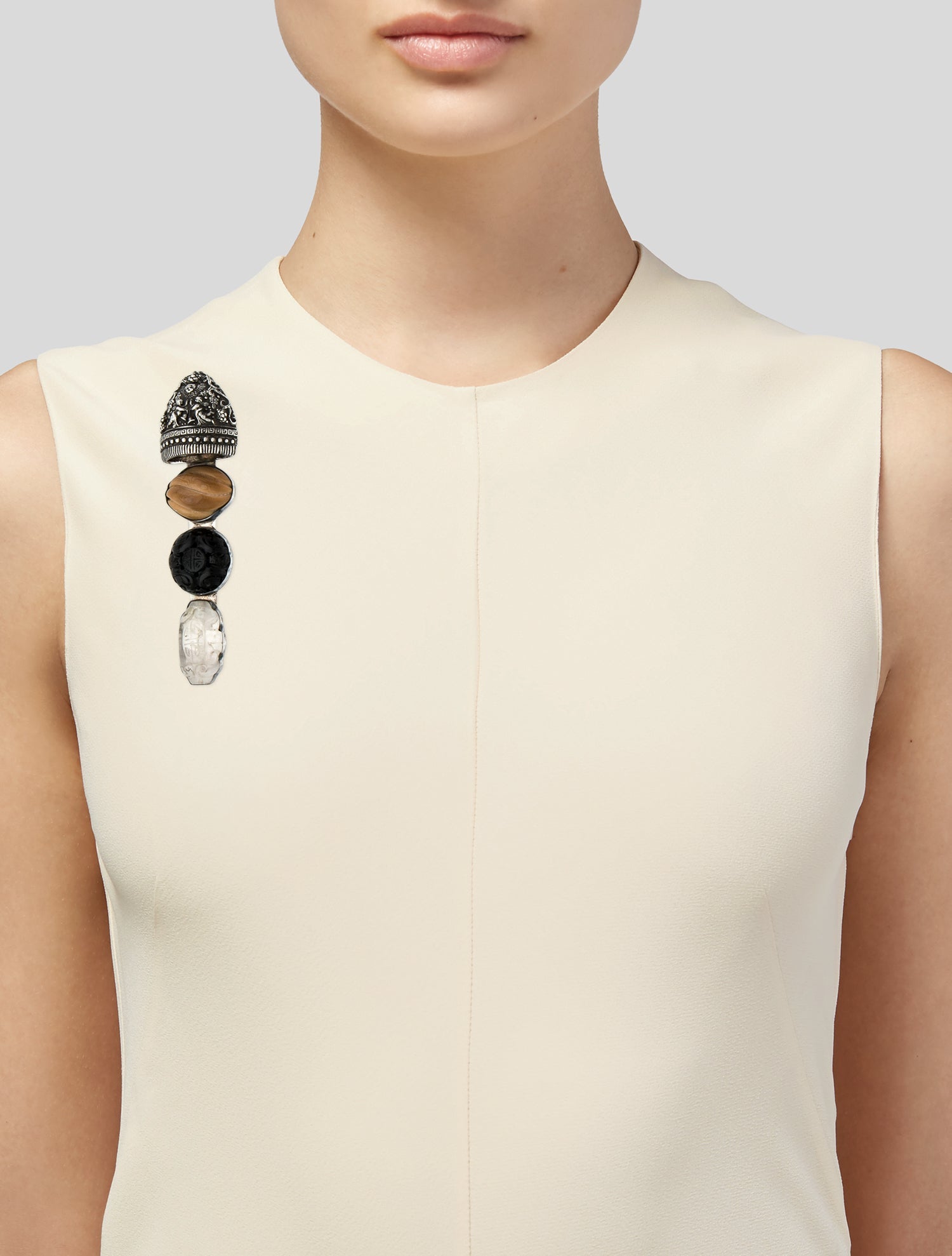 Rebecca Collins Quartz, Wood & Nut Mushroom Pin Brooch