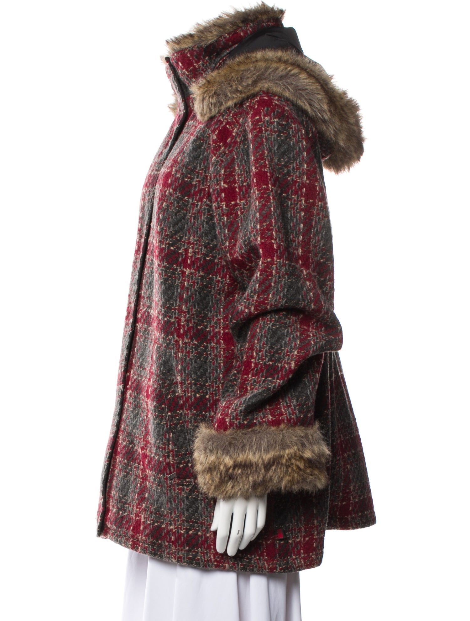 Woolrich Wool Plaid Print Faux Fur Coat