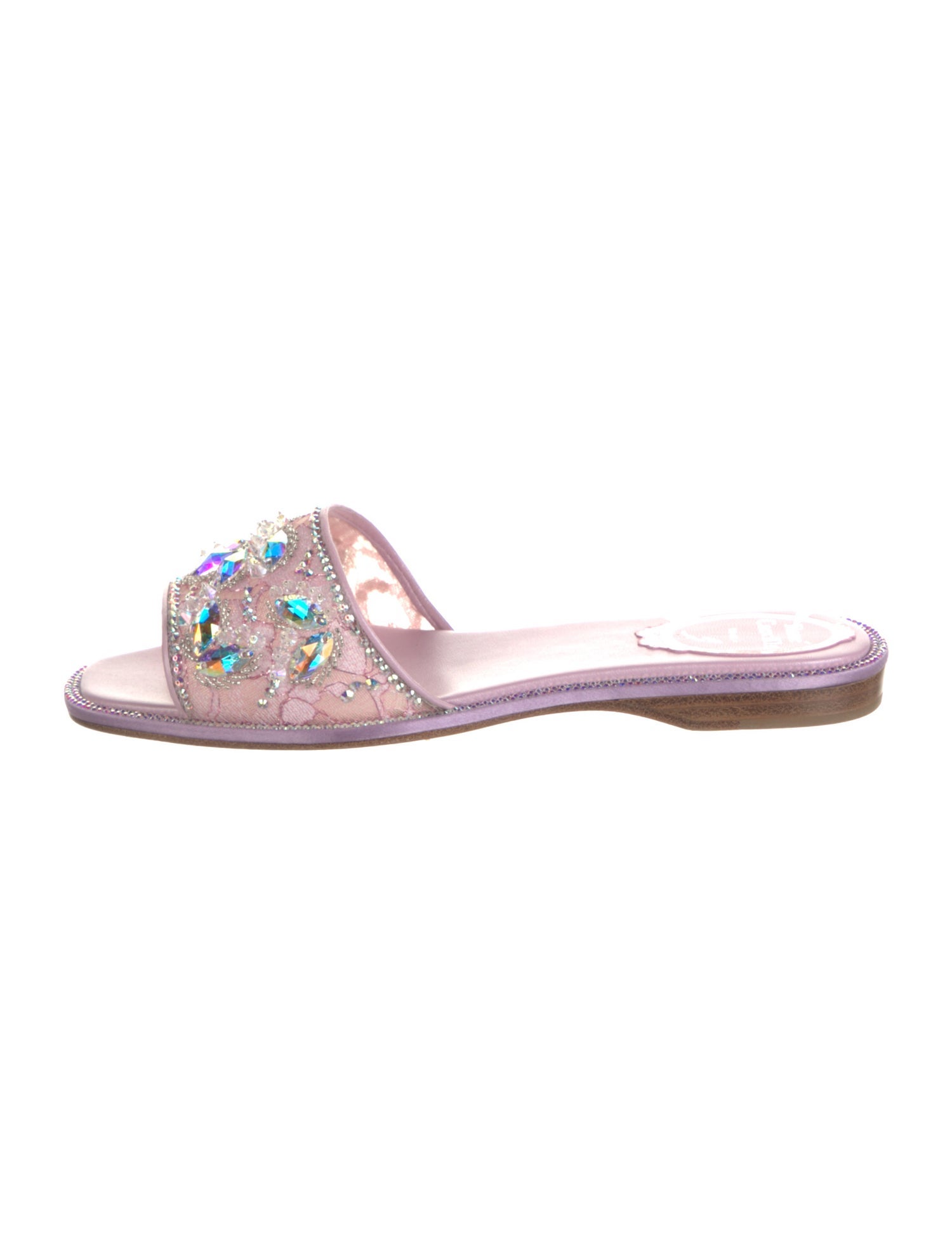 René Caovilla Floral Print Crystal Embellishments Slides Pink Sandals