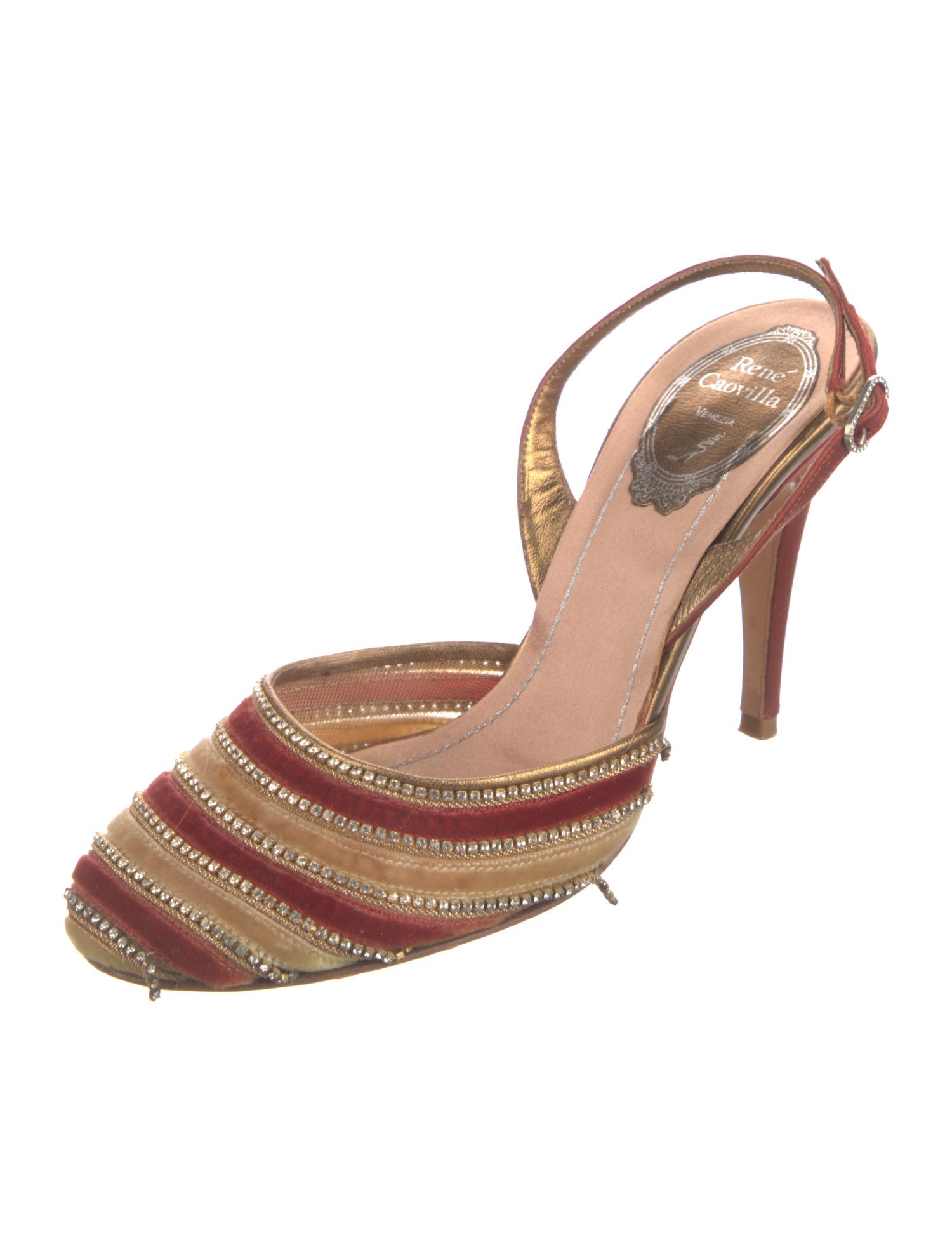 René Caovilla Satin Colorblock Pattern Slingback Pumps