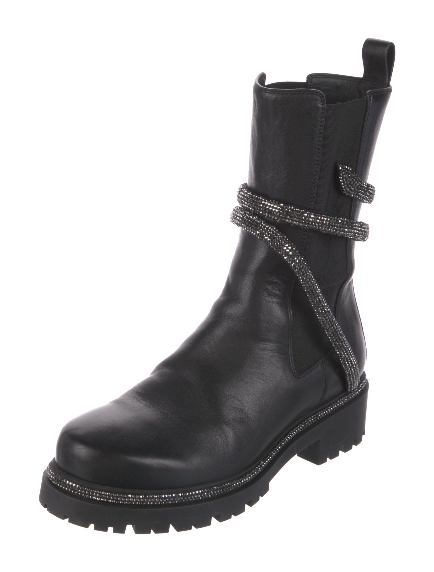 René Caovilla Leather Crystal Embellishments Moto Boots
