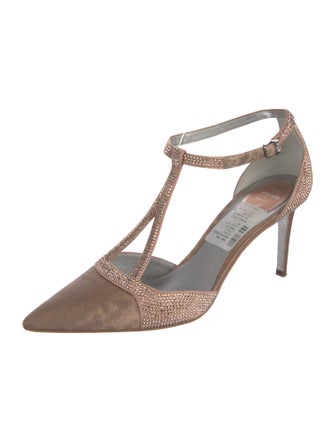 René Caovilla Leather Crystal Embellishments T-Strap Pumps