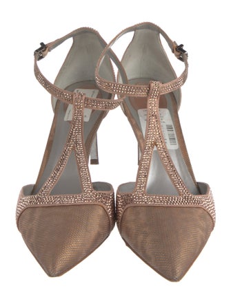 René Caovilla Leather Crystal Embellishments T-Strap Pumps