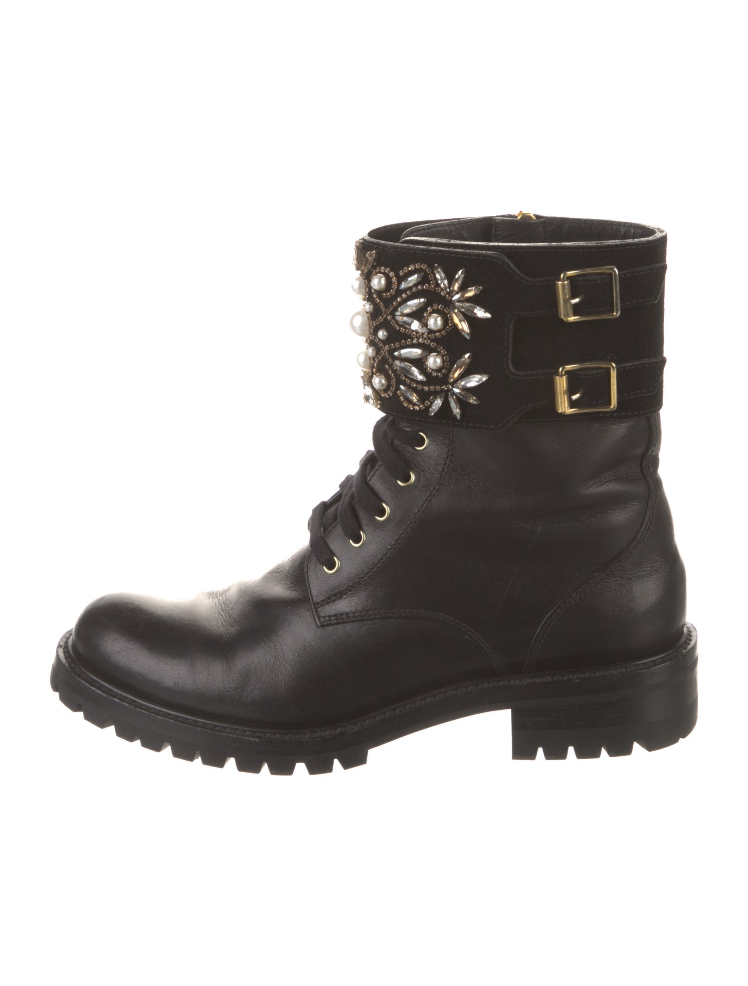 René Caovilla Faux Pearl Accents Leather Combat Boots