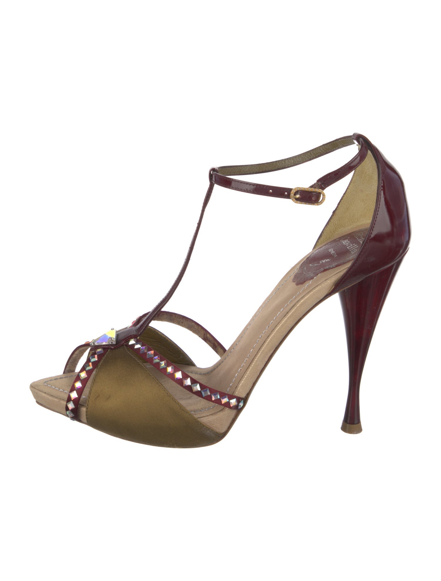 René Caovilla Patent Leather Colorblock Pattern T-Strap Sandals