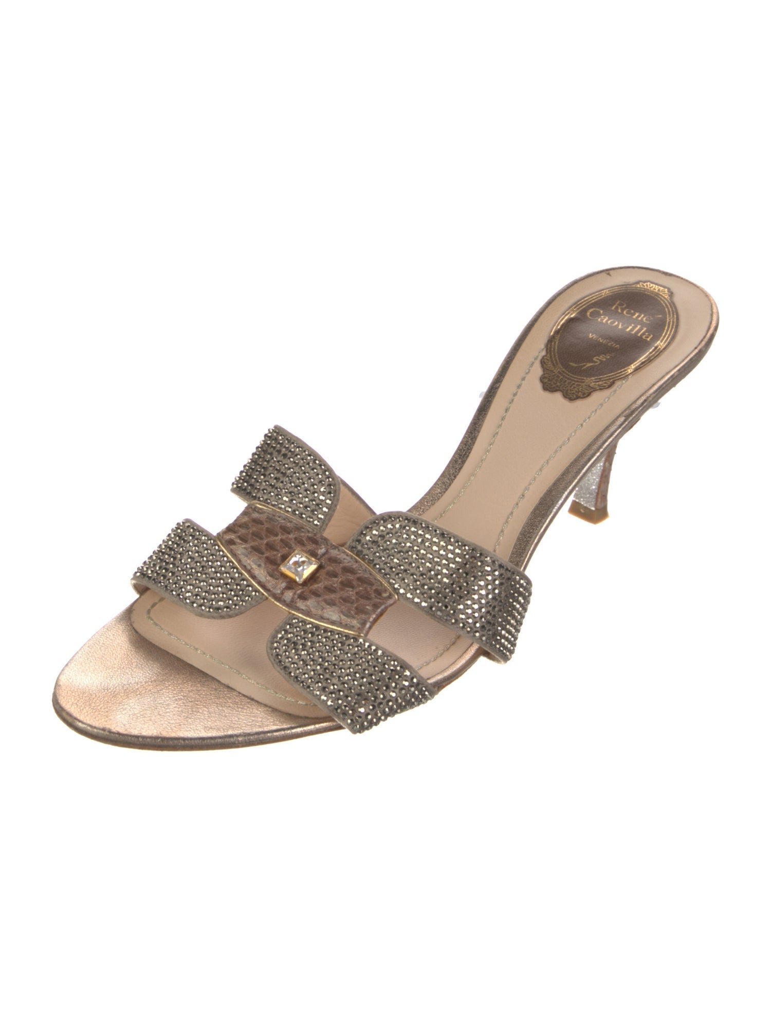 René Caovilla Leather Glitter Accents Slides