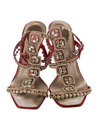 René Caovilla Satin Crystal Embellishments T-Strap Sandals