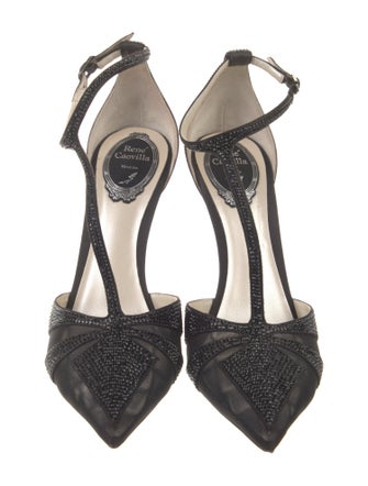 René Caovilla Leather Crystal Embellishments T-Strap Pumps