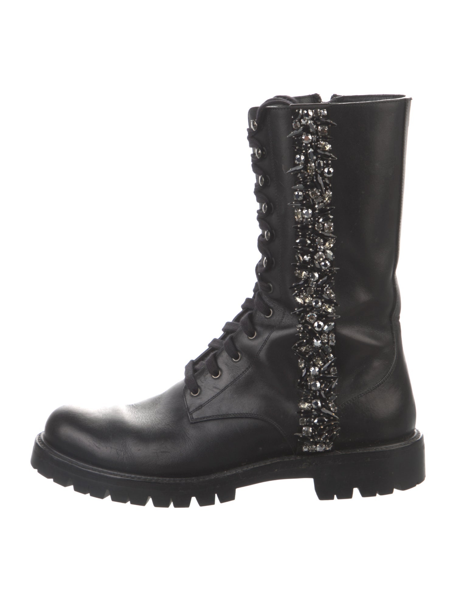 René Caovilla Leather Crystal Embellishments Combat Boots