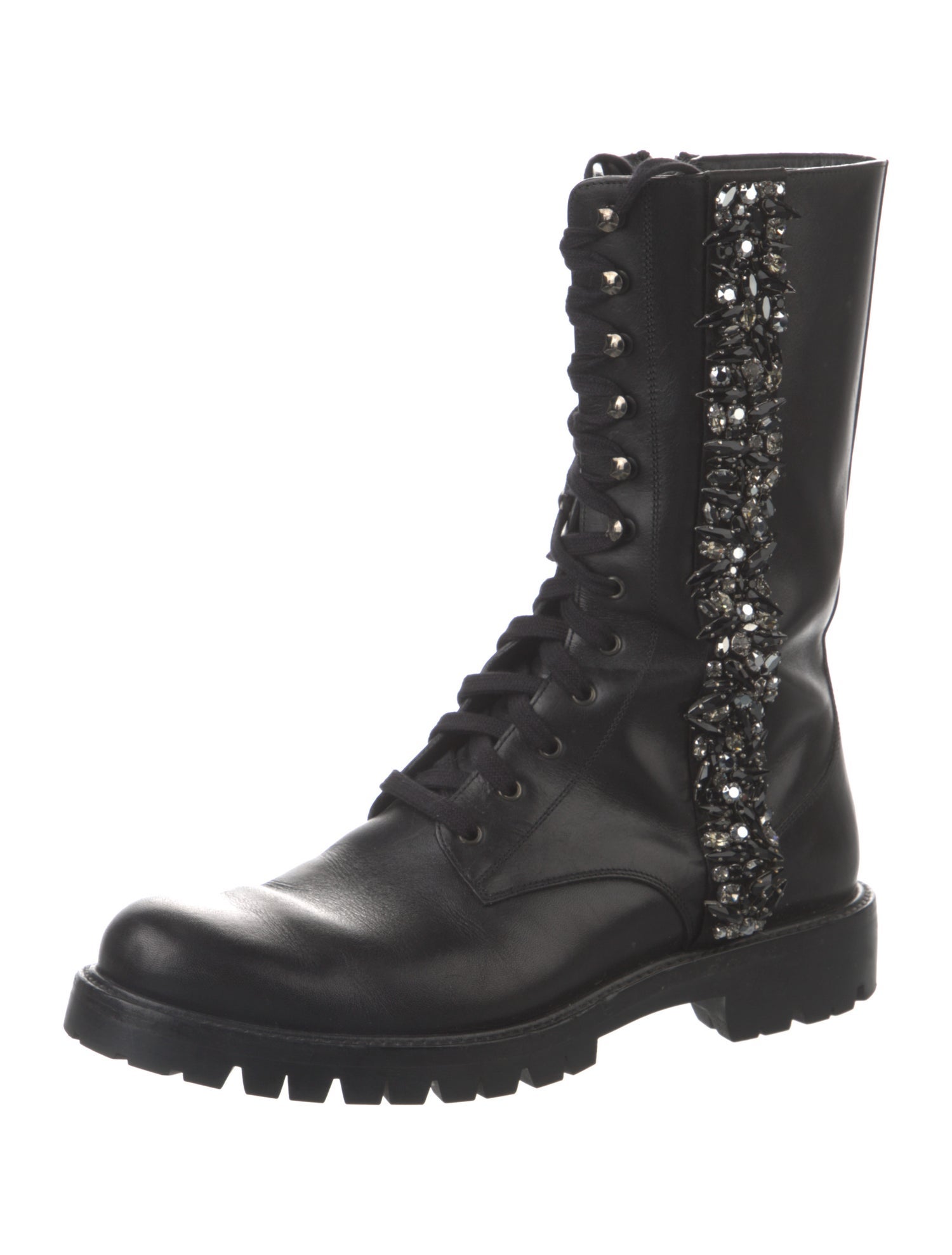 René Caovilla Leather Crystal Embellishments Combat Boots