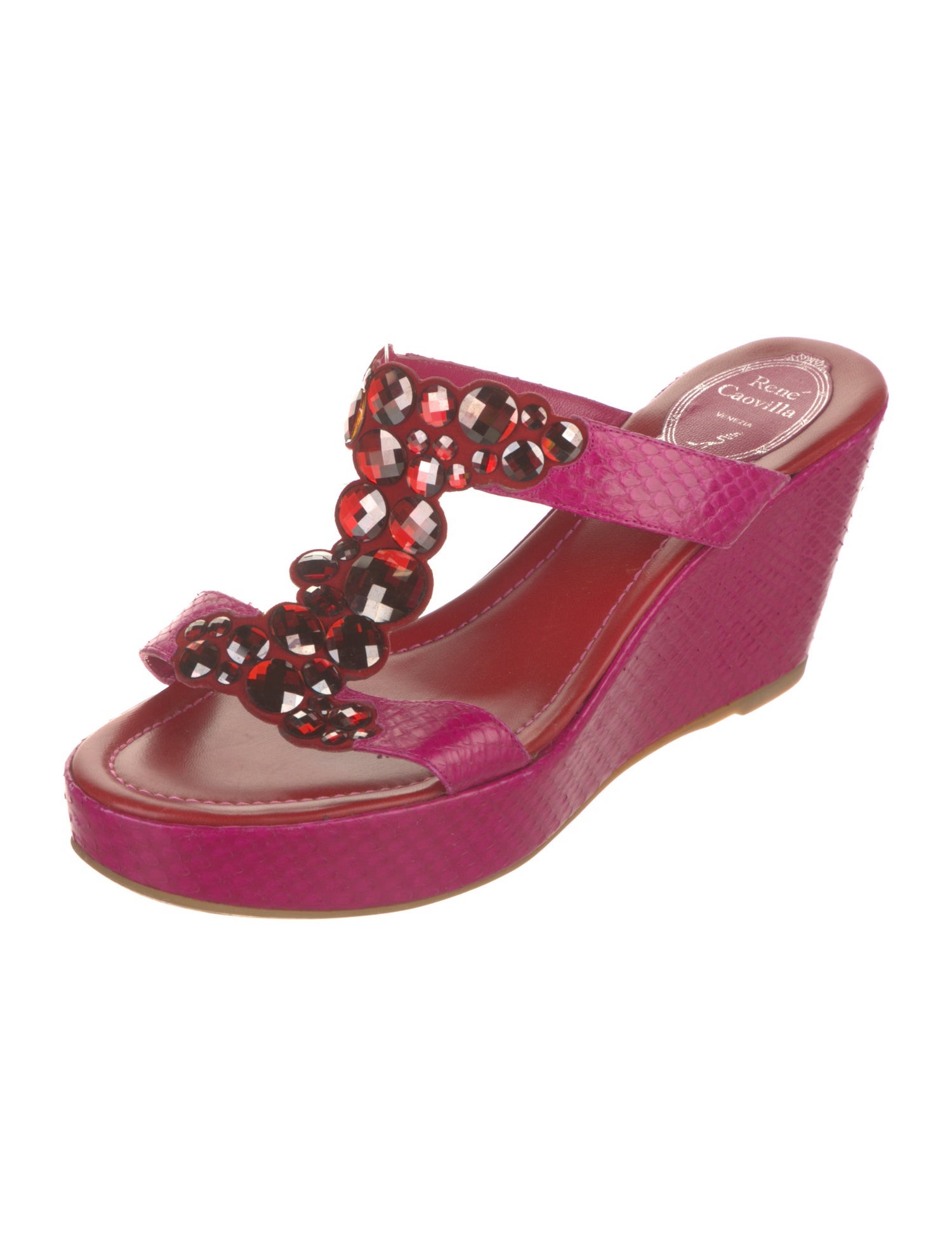 René Caovilla Leather Crystal Embellishments T-Strap Sandals