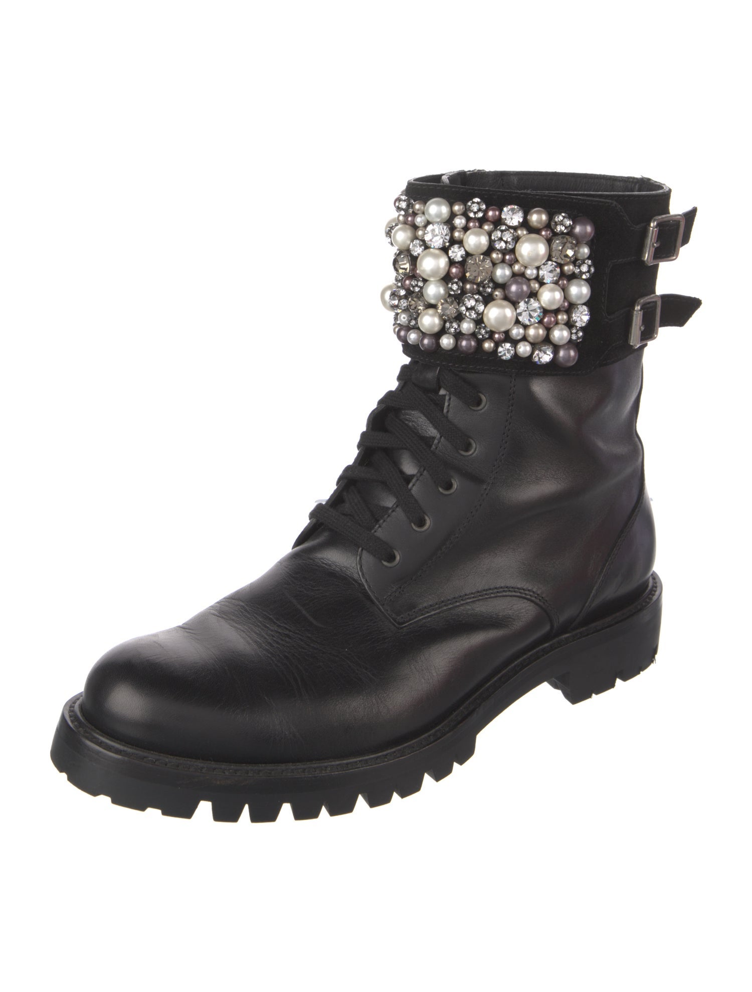 René Caovilla Leather Crystal Embellishments Combat Boots