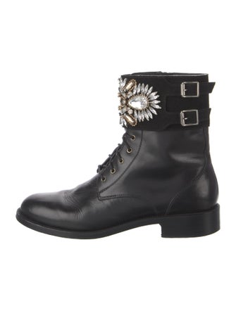 René Caovilla Leather Crystal Embellishments Combat Boots