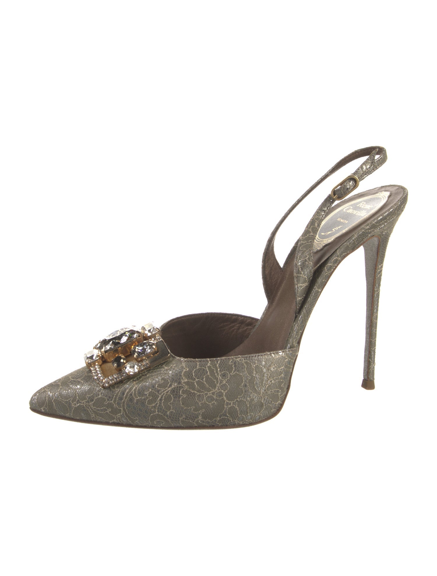 René Caovilla Lace Crystal Embellishments Slingback Pumps