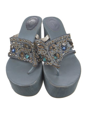 René Caovilla Denim Crystal Embellishments Slides