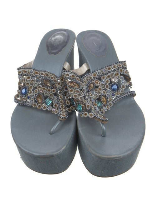 René Caovilla Denim Crystal Embellishments Slides