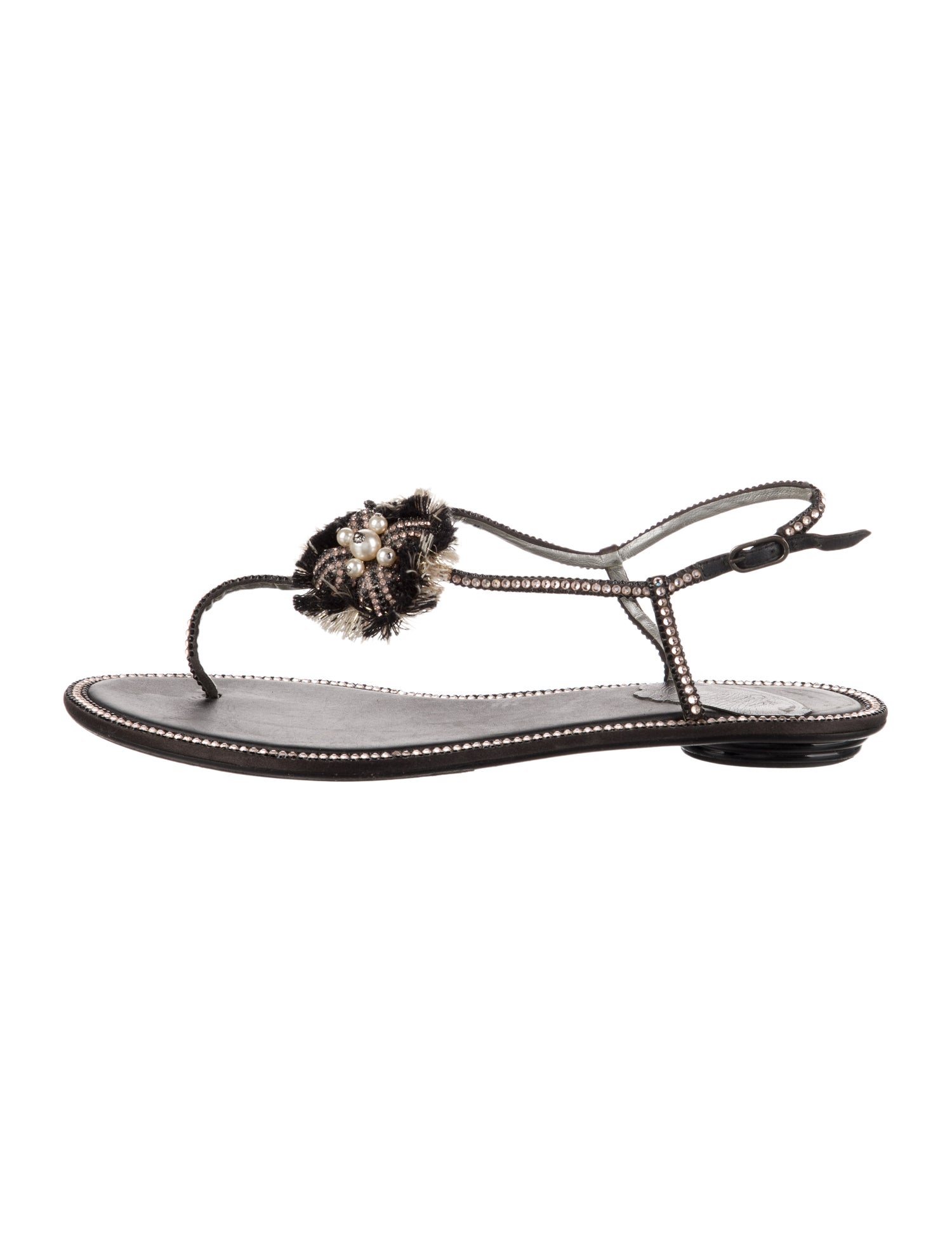 René Caovilla Leather Glitter Accents T-Strap Sandals