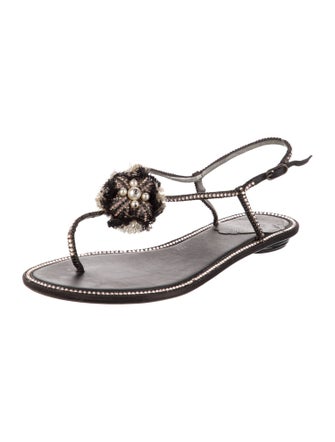 René Caovilla Leather Glitter Accents T-Strap Sandals