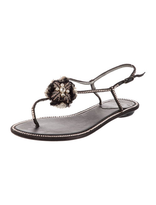 René Caovilla Leather Glitter Accents T-Strap Sandals
