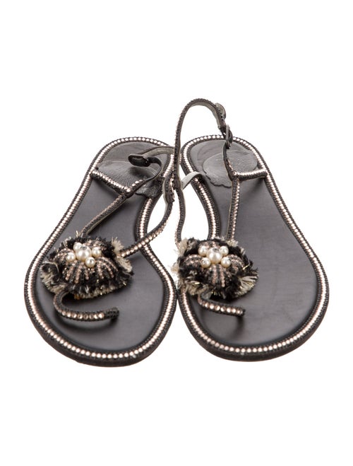 René Caovilla Leather Glitter Accents T-Strap Sandals