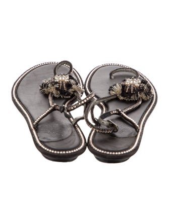 René Caovilla Leather Glitter Accents T-Strap Sandals