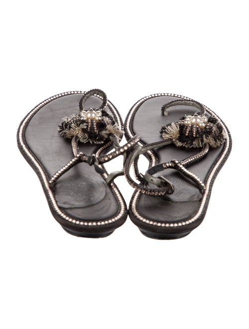 René Caovilla Leather Glitter Accents T-Strap Sandals