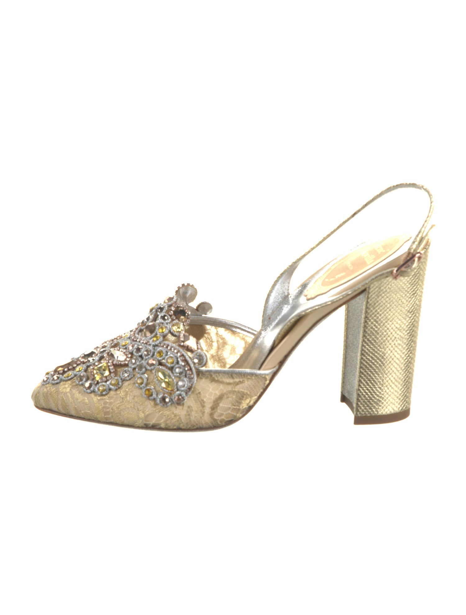 René Caovilla Lace Floral Print Slingback Pumps - Gold Pumps René Caovilla Lace Floral Print Slingback Pumps - Gold Pumps