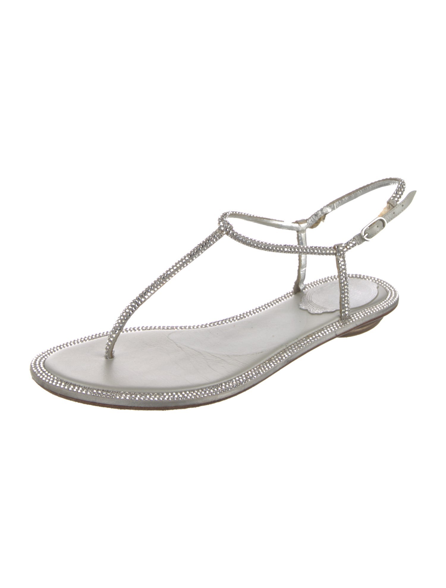 René Caovilla Leather Crystal Embellishments T-Strap Sandals