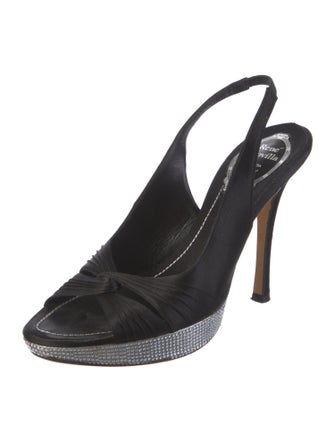 René Caovilla Satin Crystal Embellishments Slingback Sandals