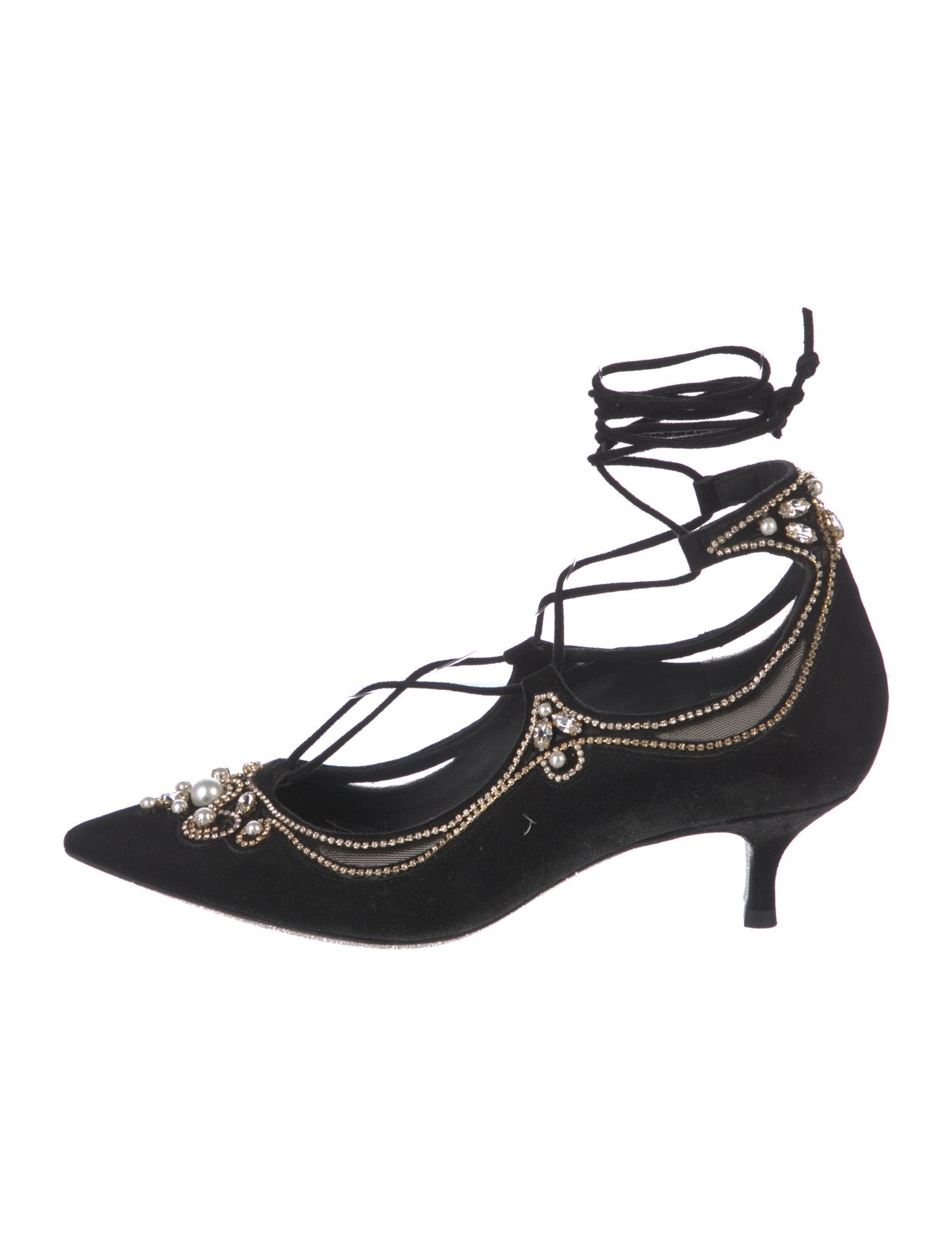 René Caovilla Faux Pearl Accents Suede T-Strap Pumps