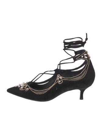 René Caovilla Faux Pearl Accents Suede T-Strap Pumps