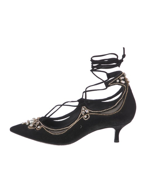 René Caovilla Faux Pearl Accents Suede T-Strap Pumps