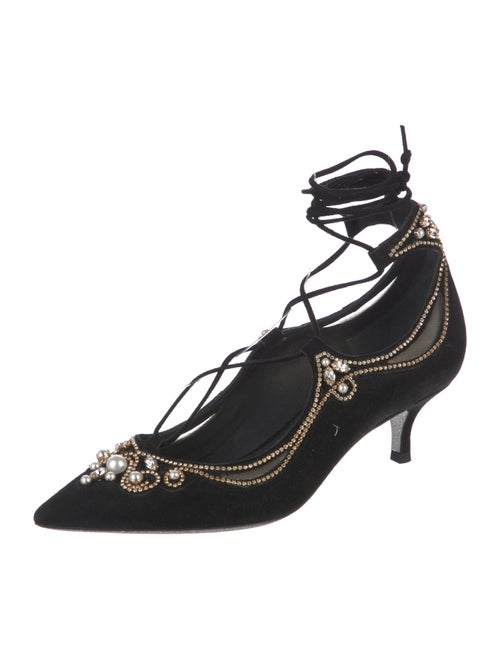 René Caovilla Faux Pearl Accents Suede T-Strap Pumps