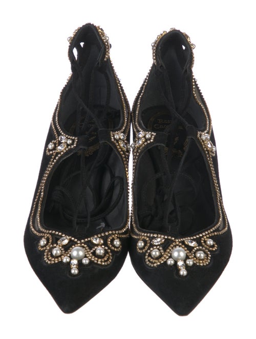 René Caovilla Faux Pearl Accents Suede T-Strap Pumps