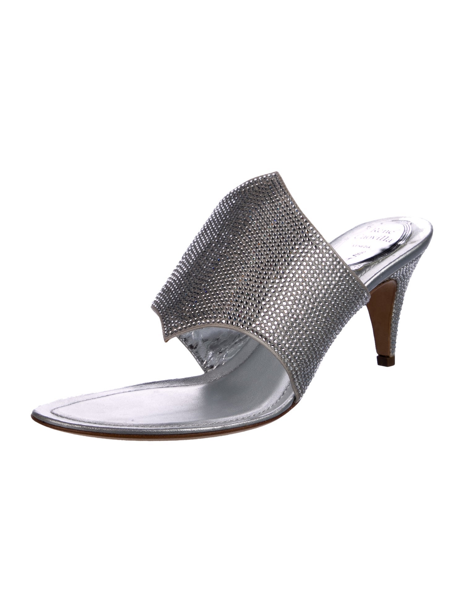 René Caovilla Leather Crystal Embellishments Slides