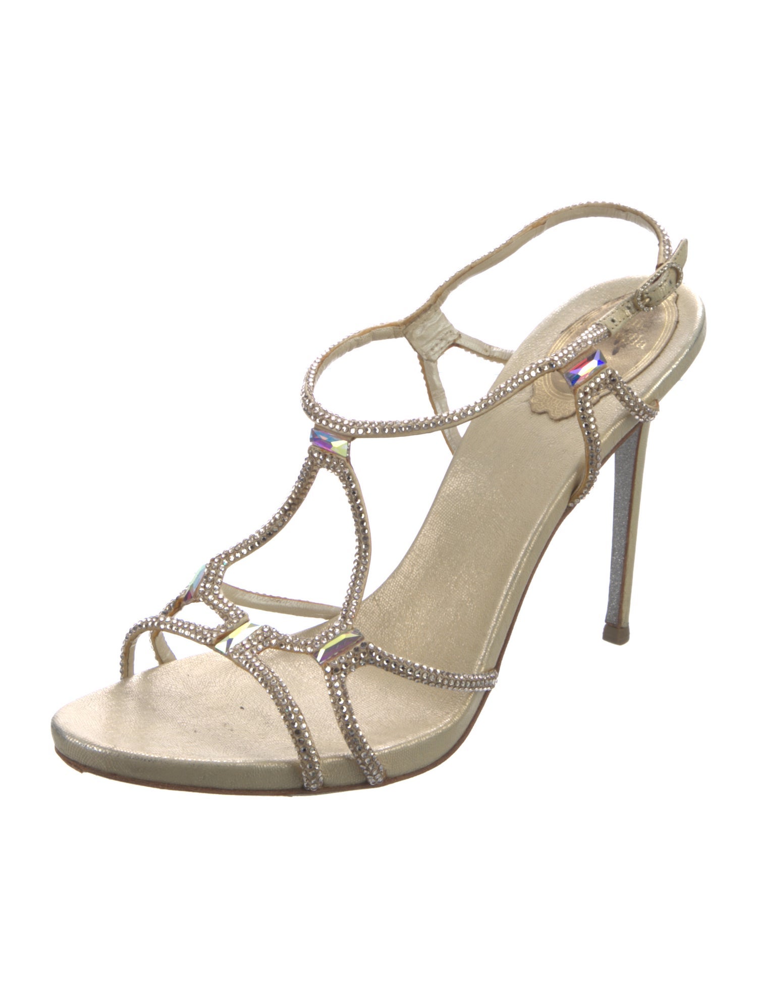 René Caovilla Leather Glitter Accents T-Strap Sandals