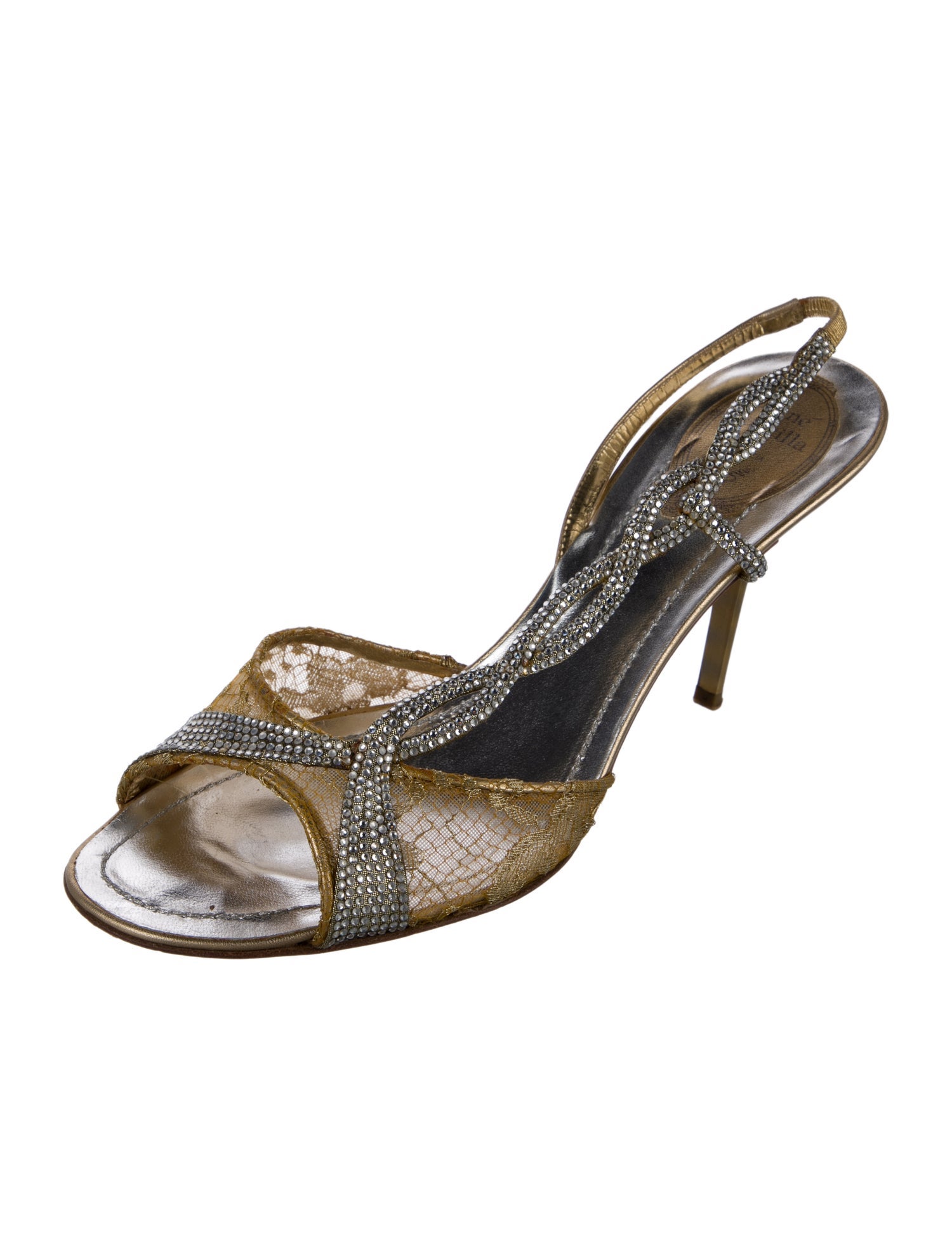 René Caovilla Lace Crystal Embellishments Slingback Sandals