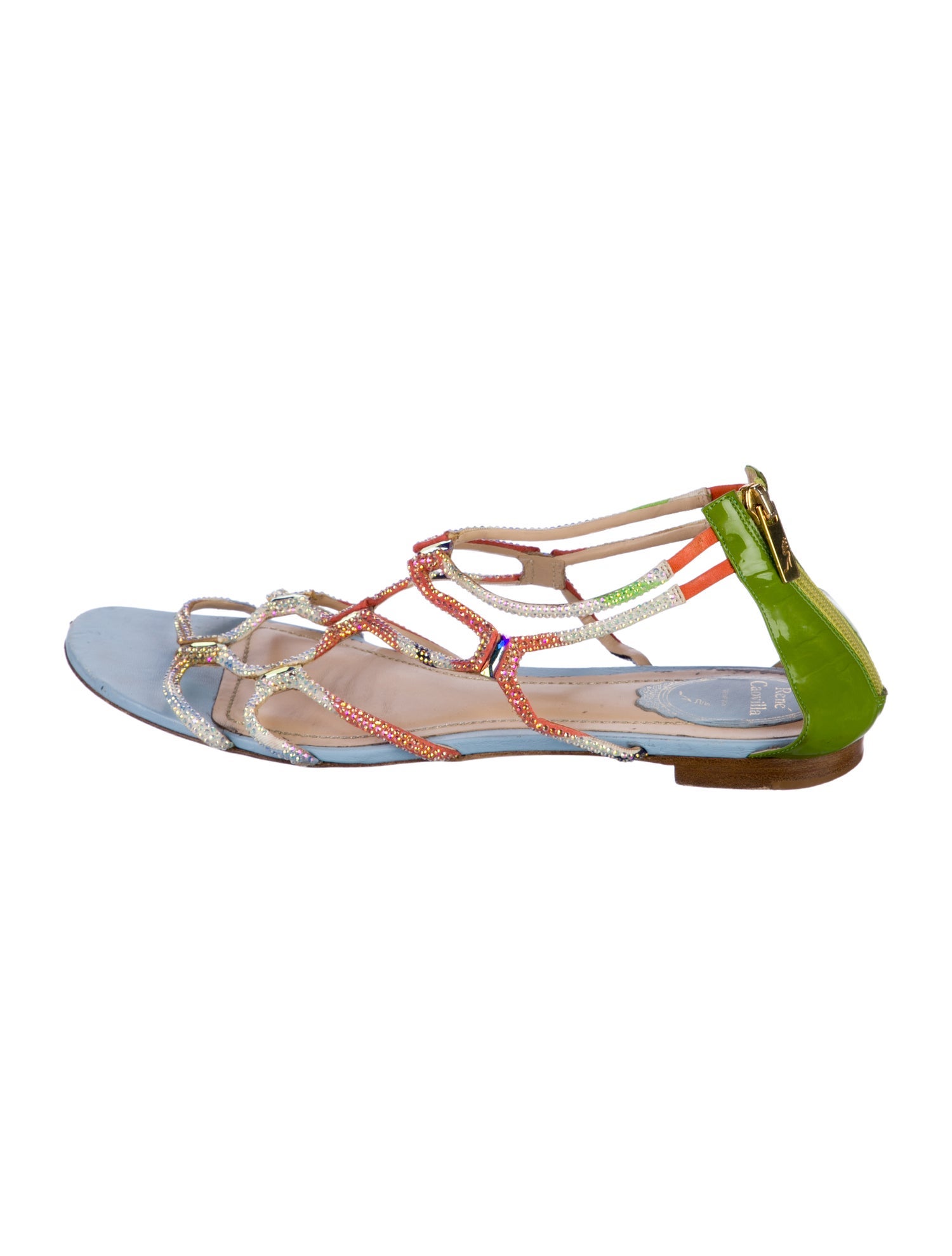 René Caovilla Patent Leather Beaded Accents T-Strap Sandals