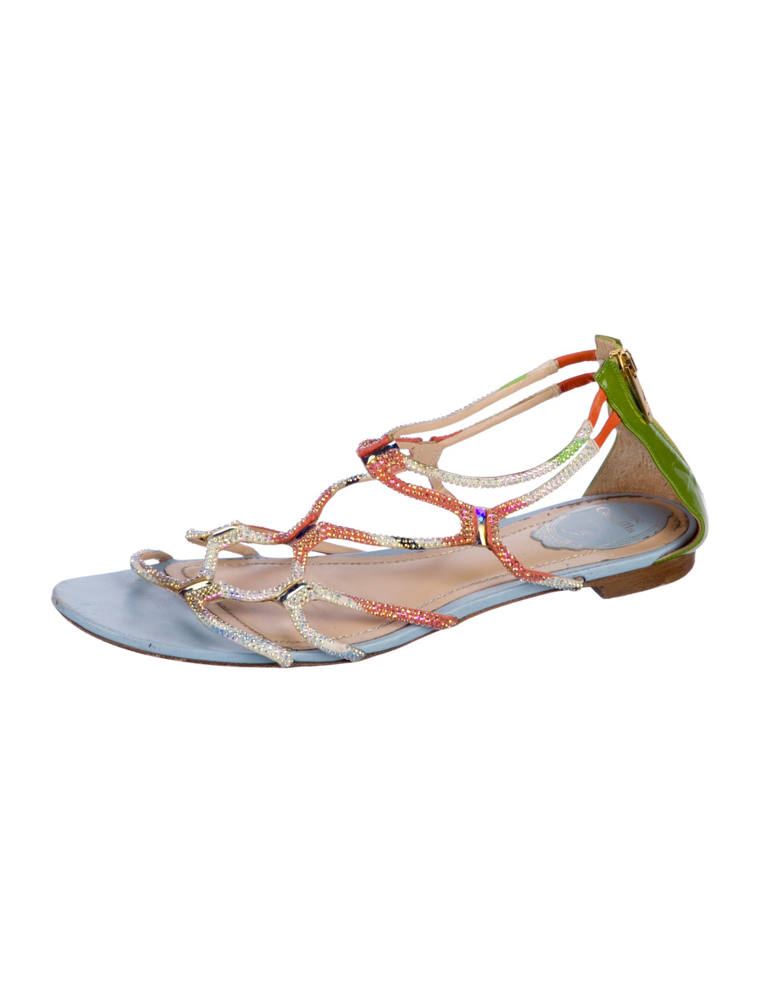 René Caovilla Patent Leather Beaded Accents T-Strap Sandals