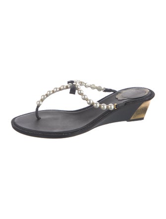 René Caovilla Leather Bow Accents T-Strap Sandals