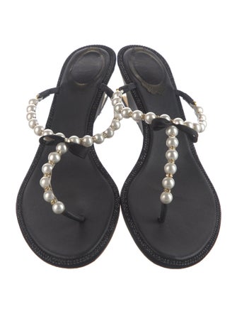 René Caovilla Leather Bow Accents T-Strap Sandals