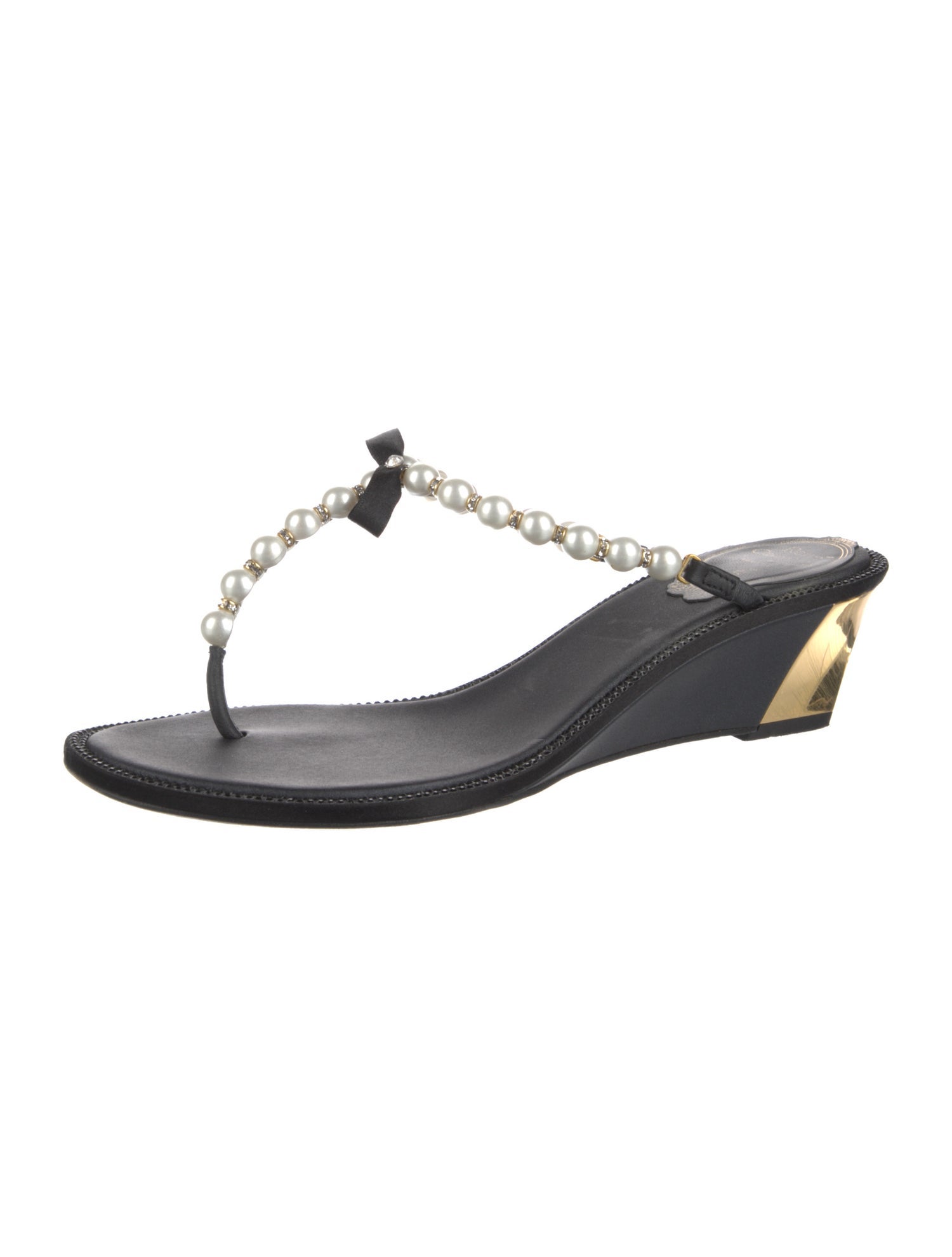 René Caovilla Faux Pearl Accents Leather Flip Flops