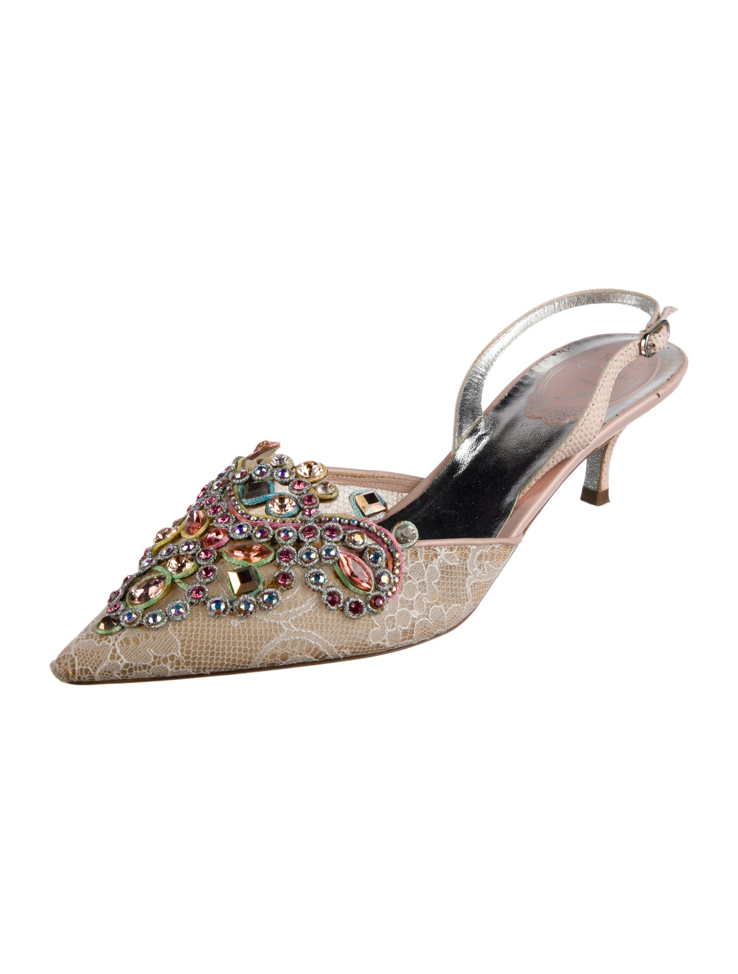 René Caovilla Lace Mesh Accents Slingback Pumps