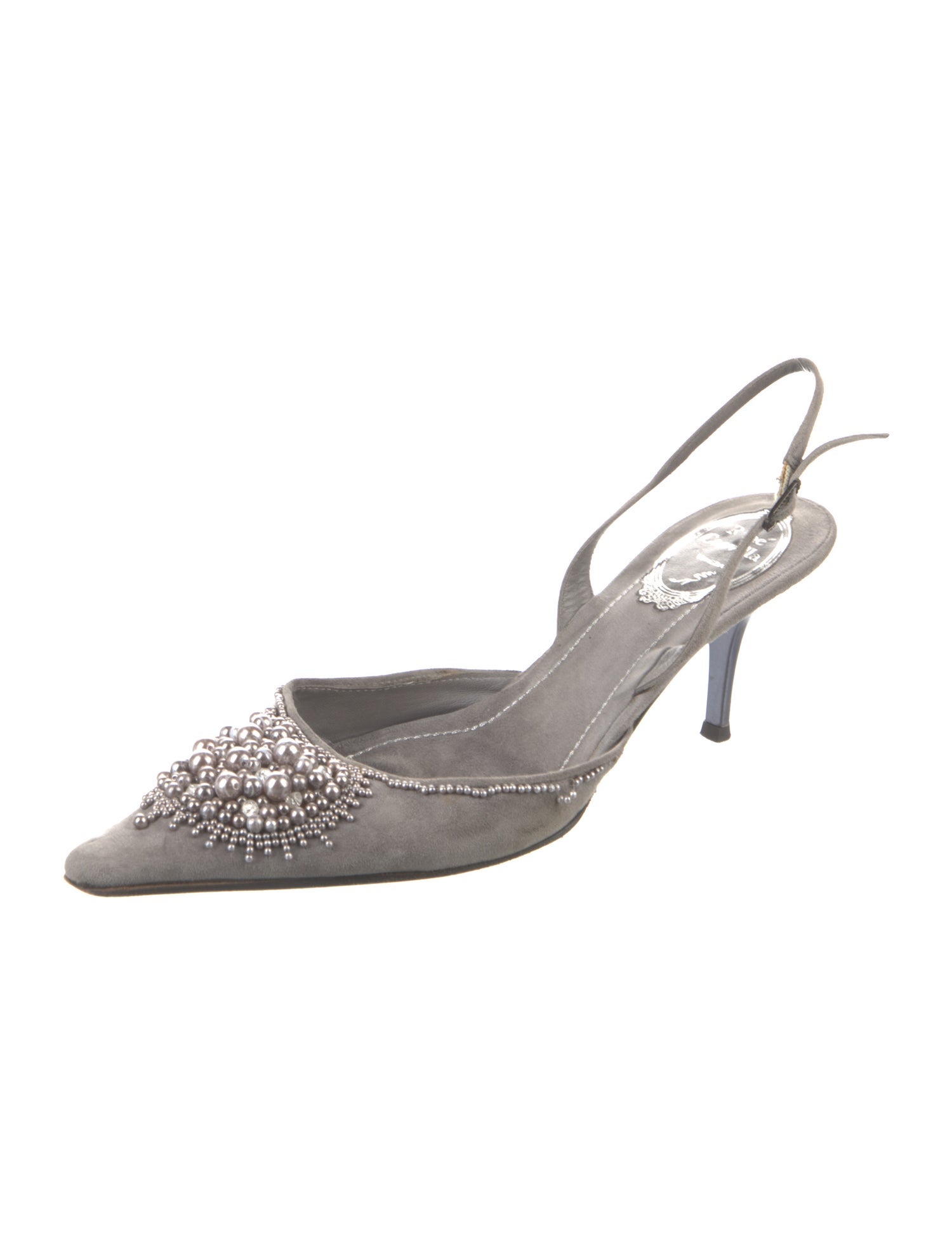 René Caovilla Satin Beaded Accents Slingback Pumps