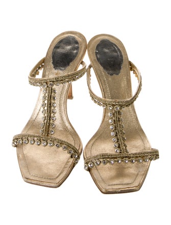 René Caovilla Leather Crystal Embellishments T-Strap Sandals