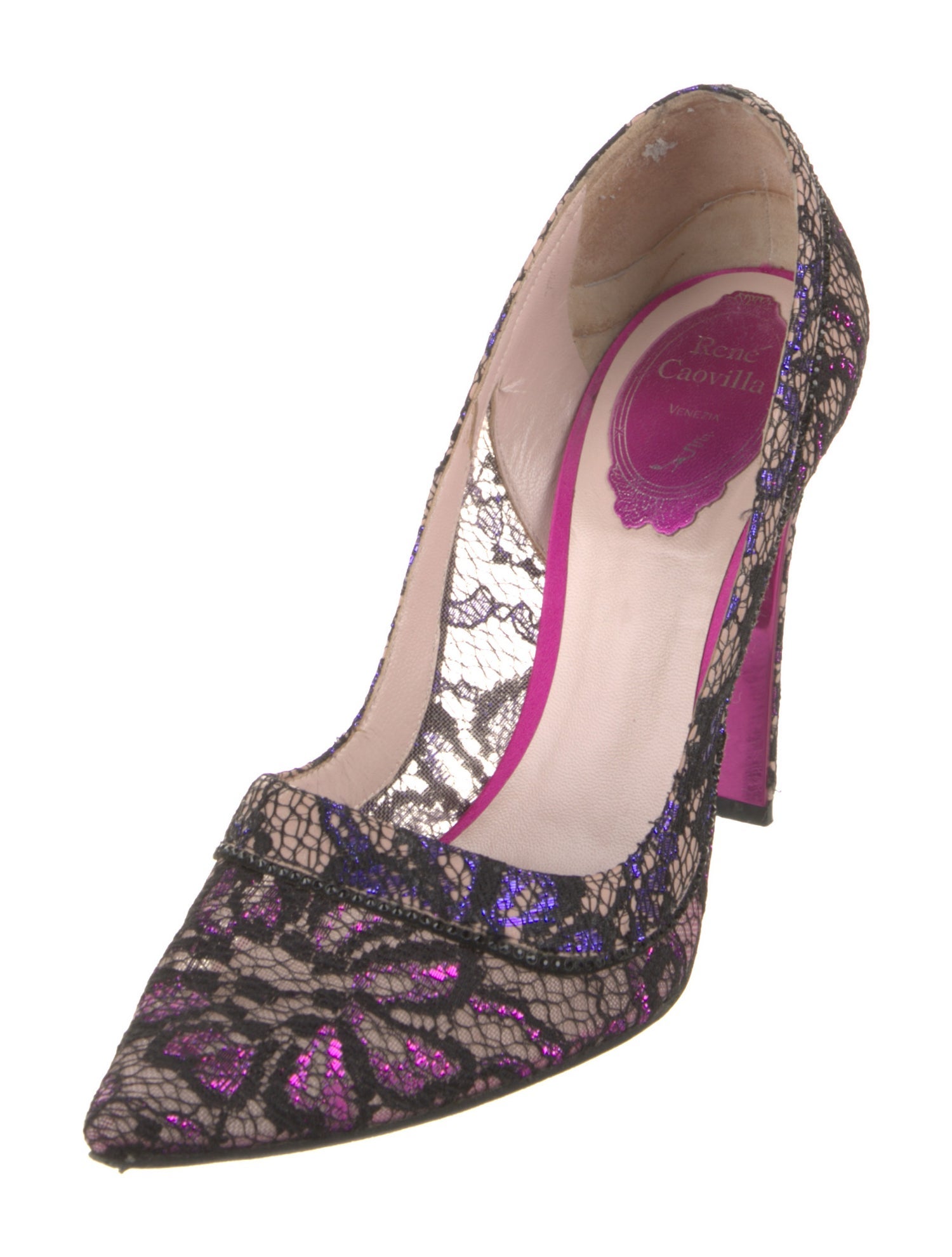 René Caovilla Lace Pattern Glitter Accents Pumps