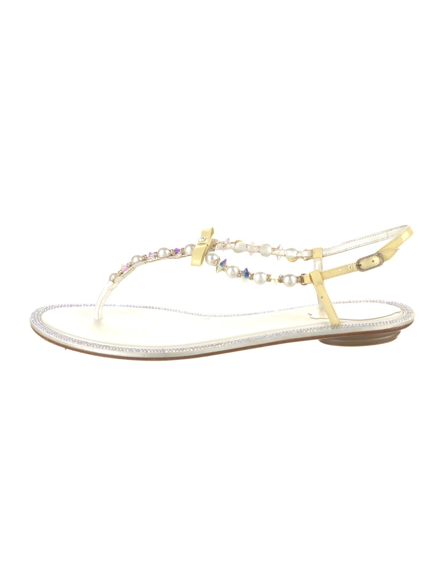 René Caovilla Leather Crystal Embellishments T-Strap Sandals