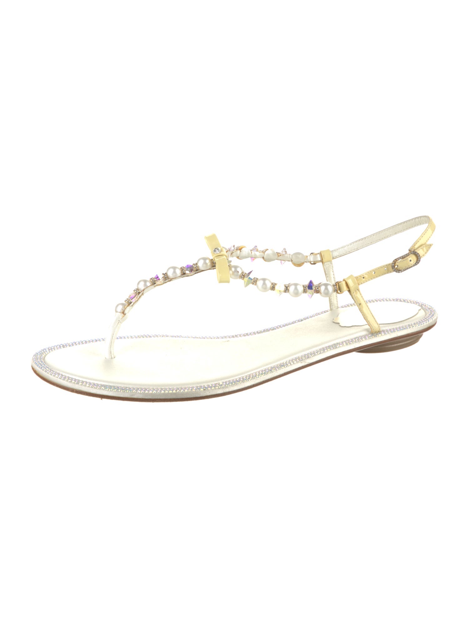 René Caovilla Leather Crystal Embellishments T-Strap Sandals